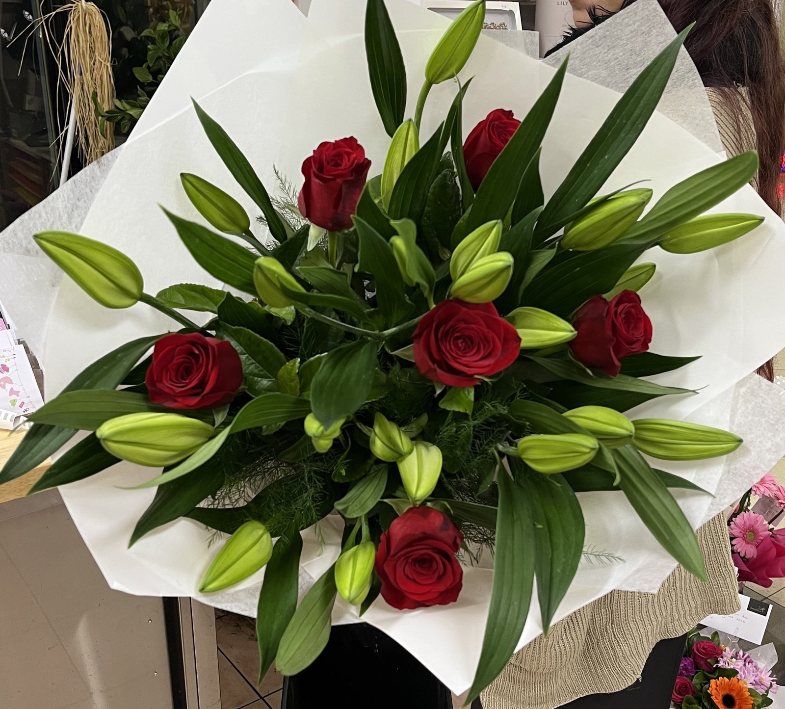 Roses with White Oriental Lilly Bouquet