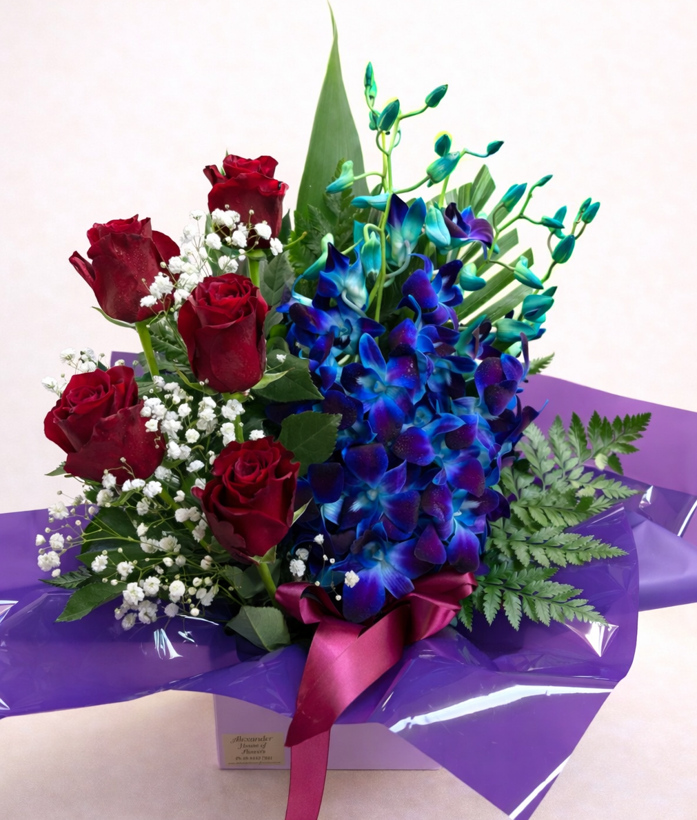 Premium Roses and Blue Orchid Arrangement