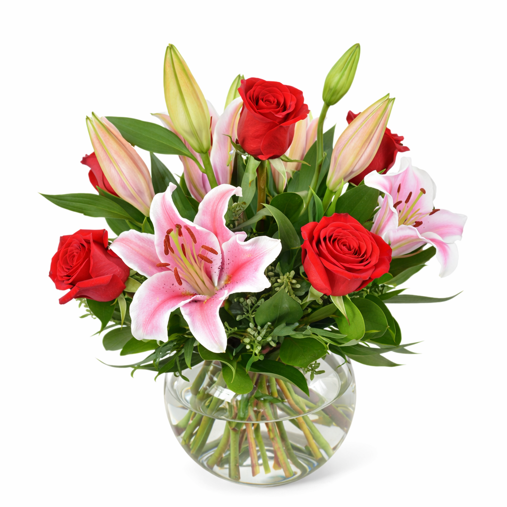 Arrangement of Lilies and Roses in a Glass Fishbowl