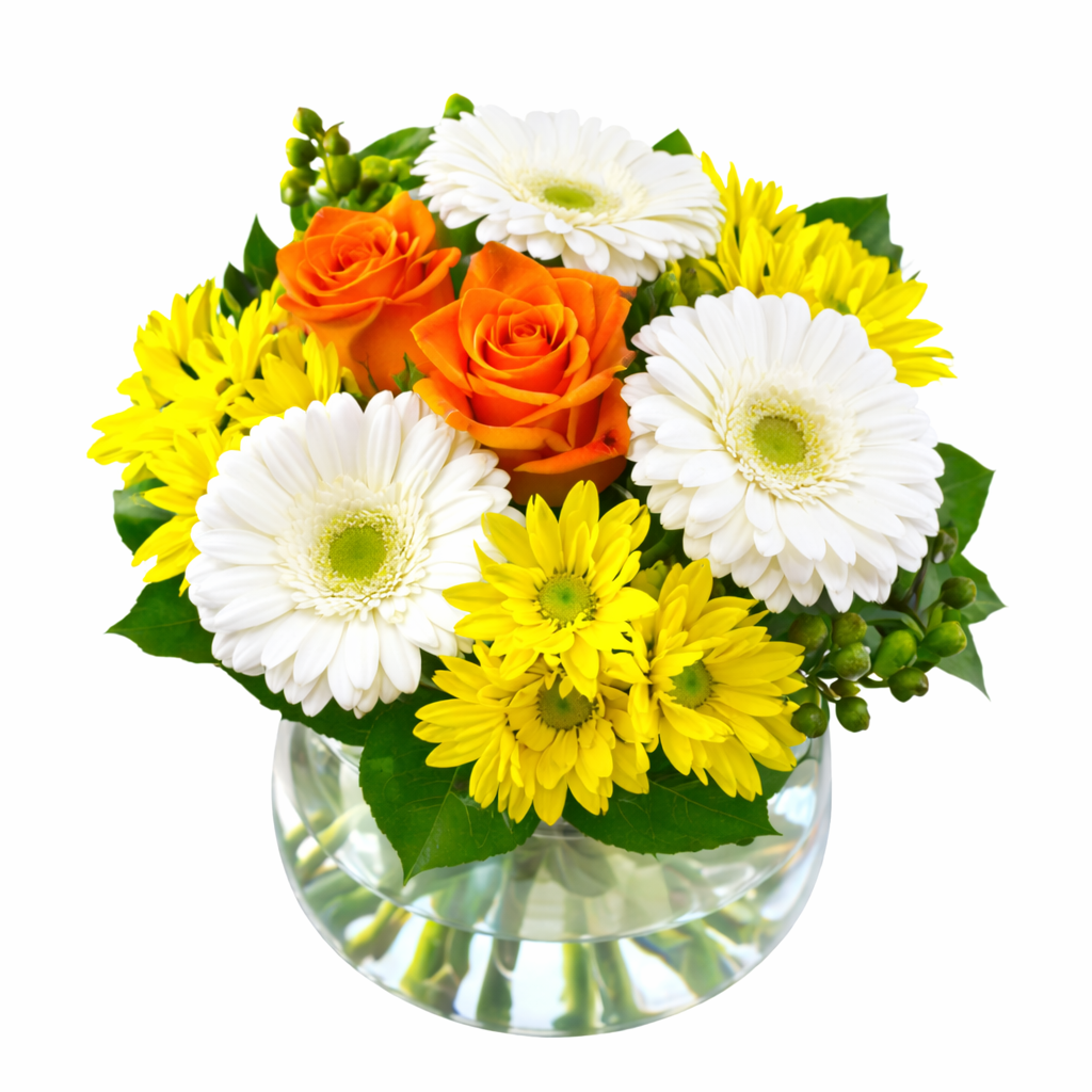 Yellow and white Bouquet in Fishbowl Vase